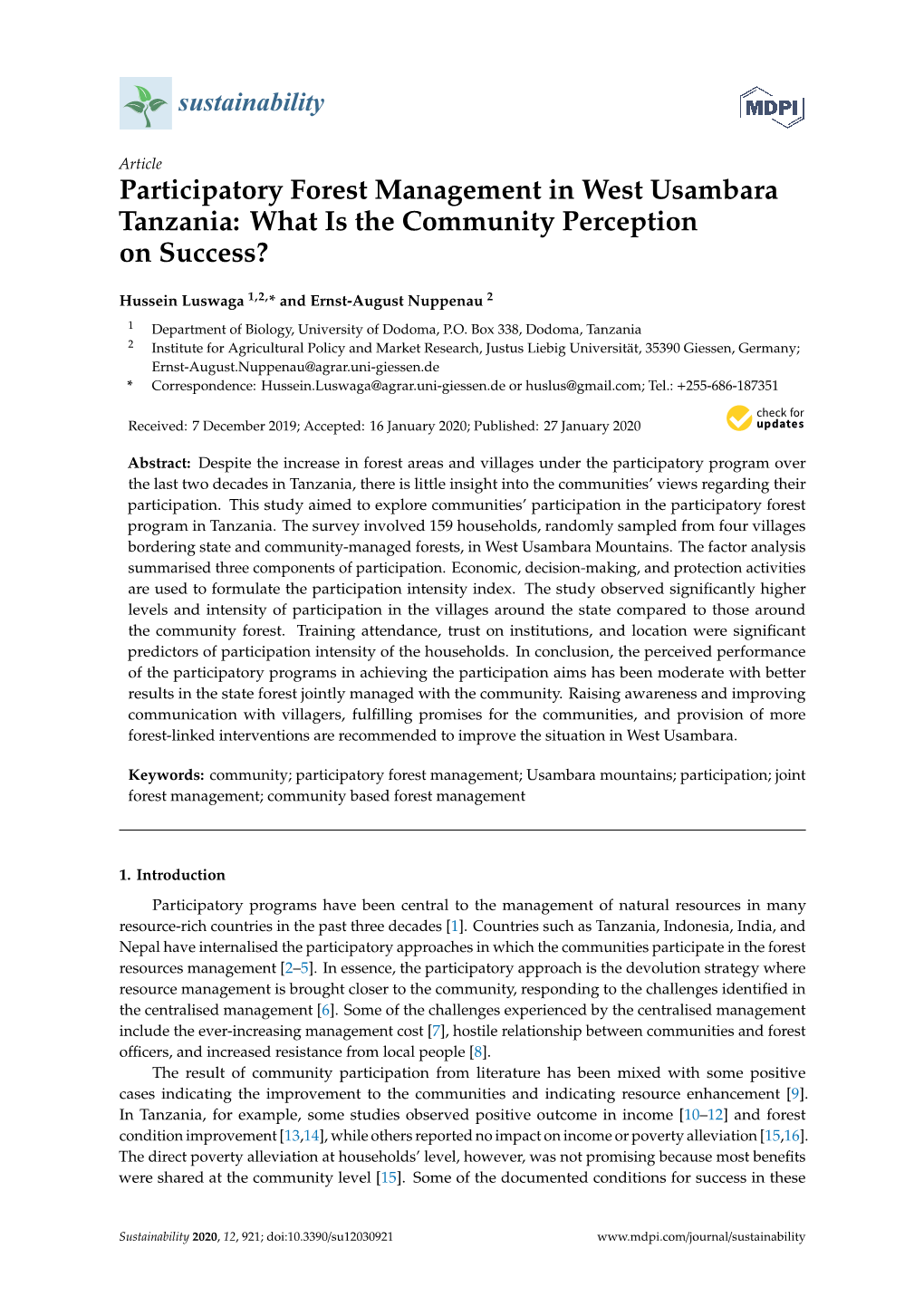 Participatory Forest Management in West Usambara Tanzania: What Is the Community Perception on Success?