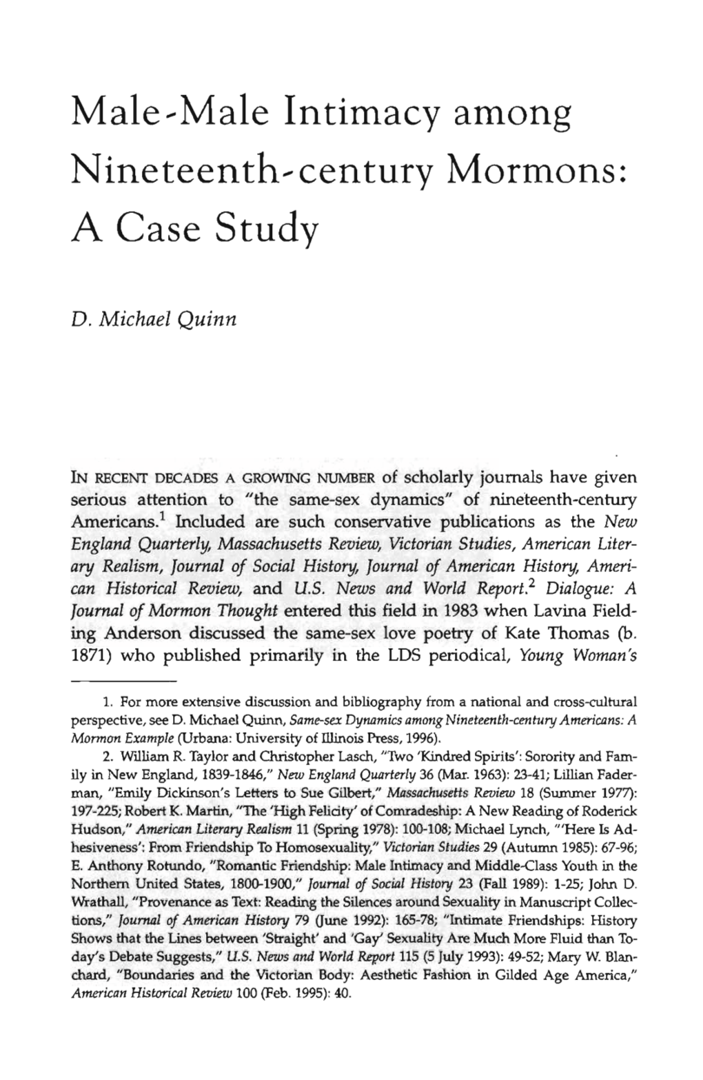 Male-Male Intimacy Among Nineteenth-Century Mormons: a Case Study