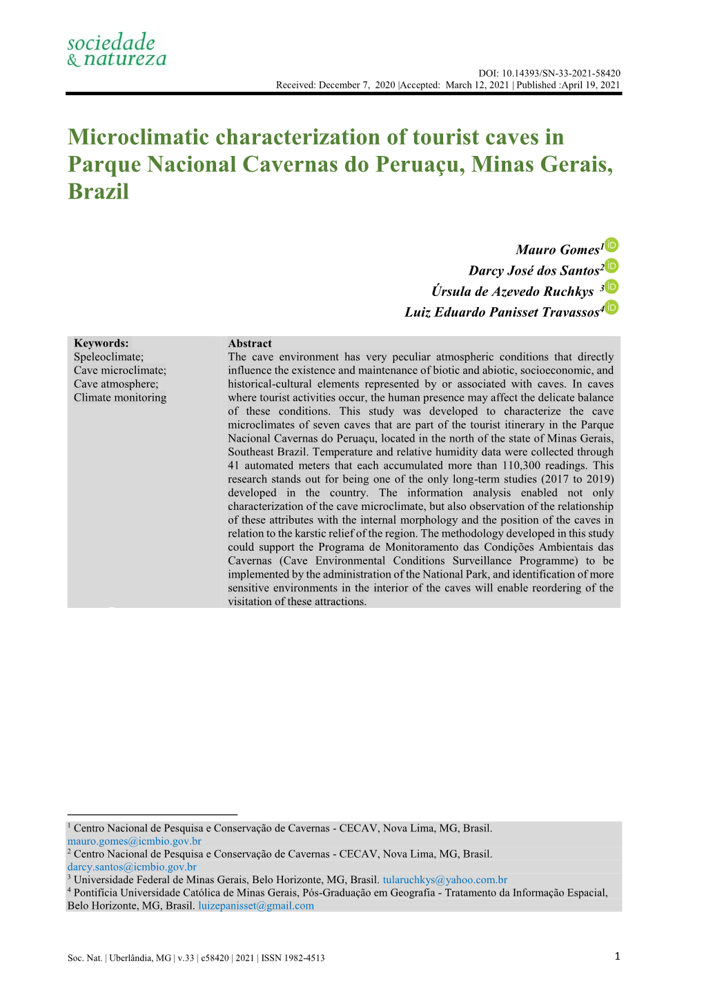 Microclimatic Characterization of Tourist Caves in Parque Nacional Cavernas Do Peruaçu, Minas Gerais, Brazil