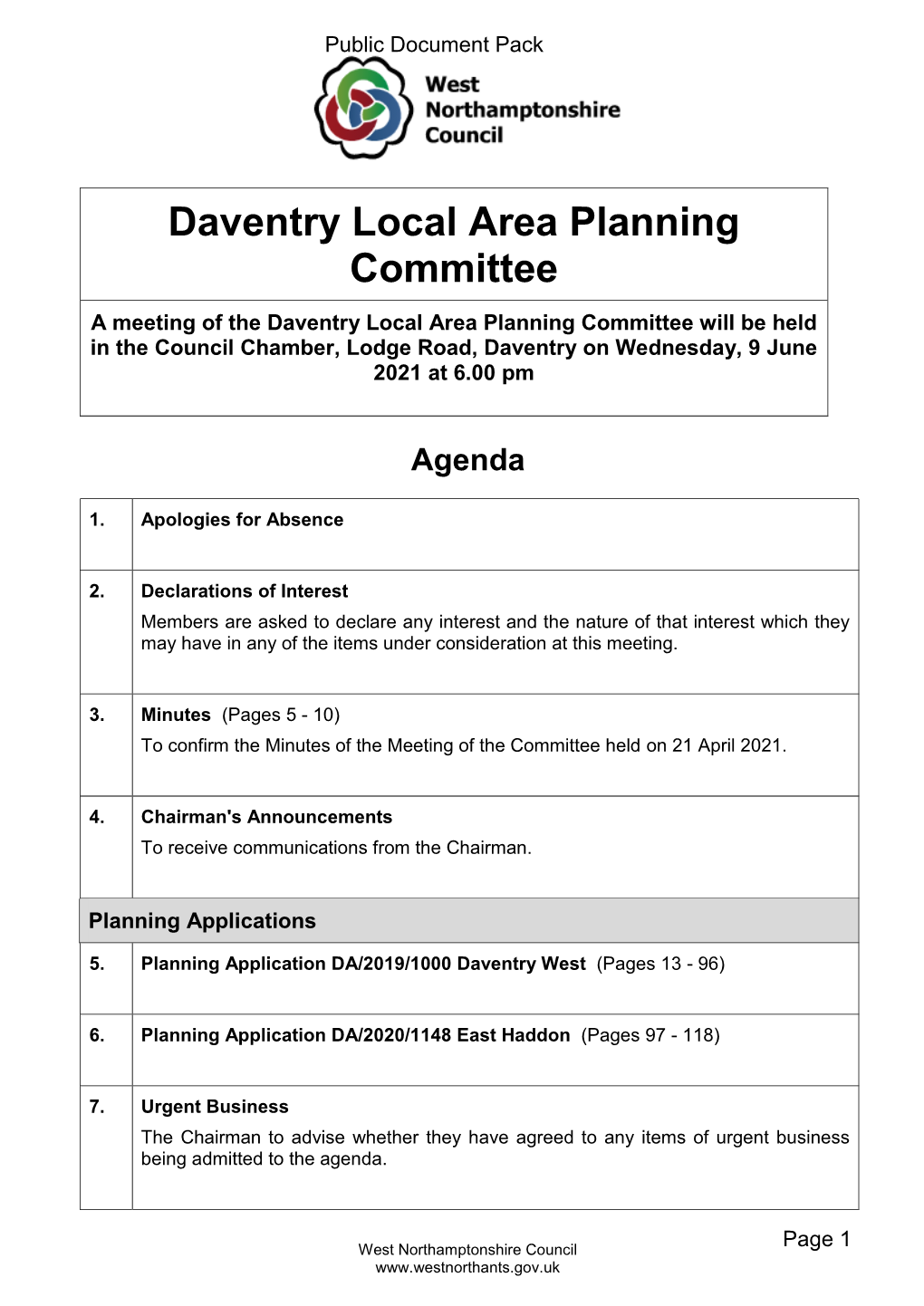 (Public Pack)Agenda Document for Daventry Local Area Planning