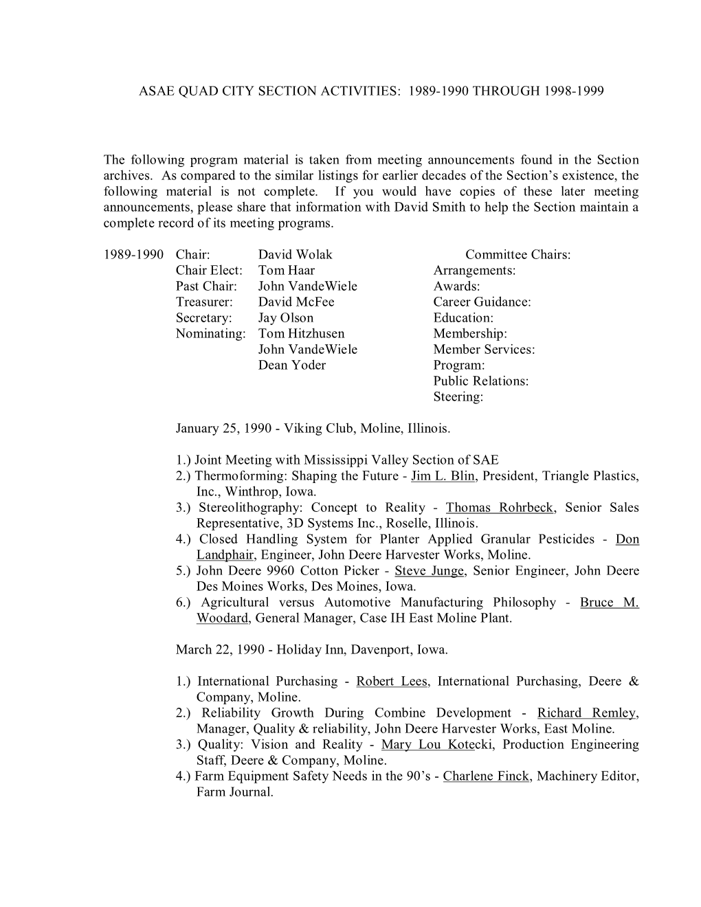 Asae Quad City Section Activities: 1989-1990 Through 1998-1999