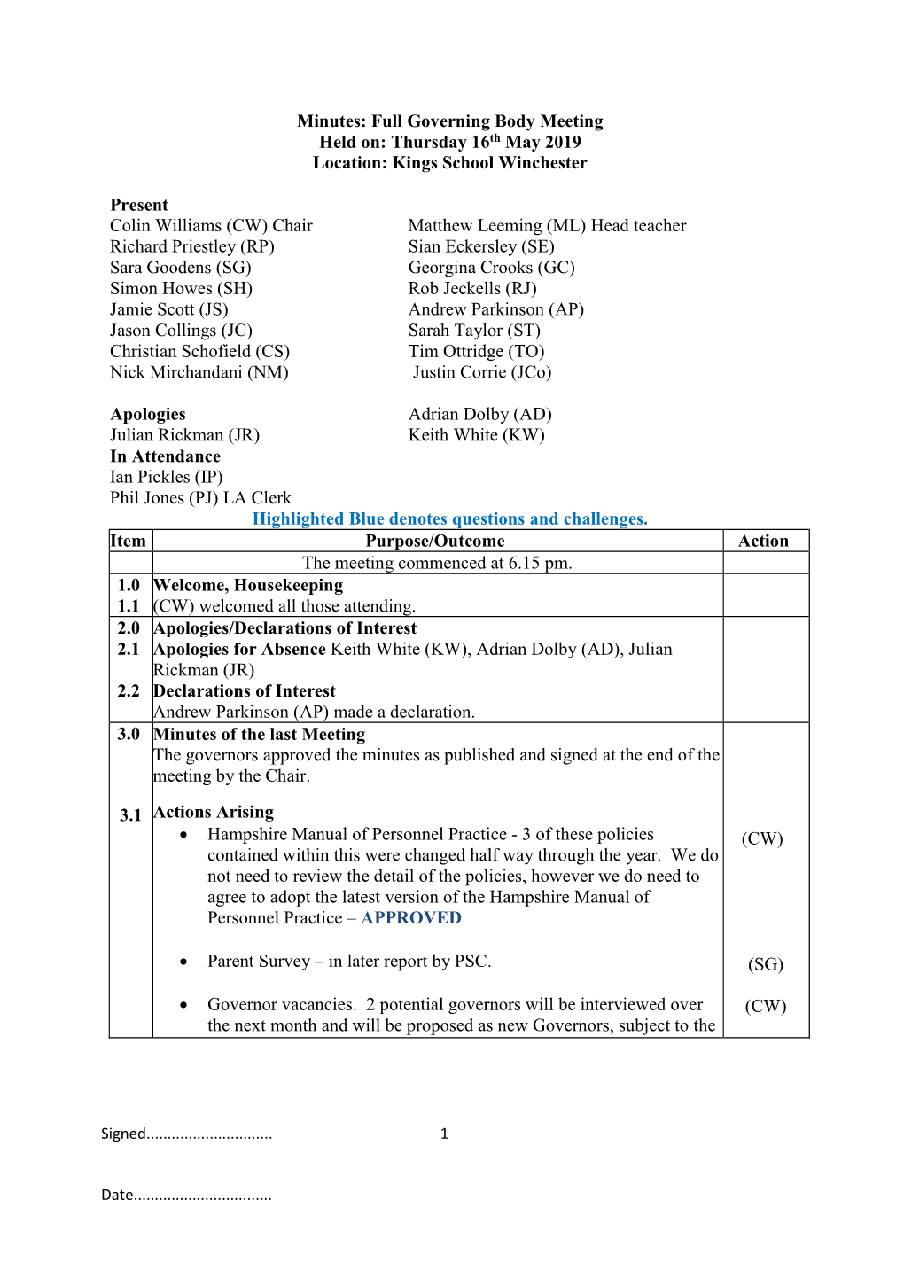 Minutes: Full Governing Body Meeting Held On: Thursday 16Th May 2019 Location: Kings School Winchester