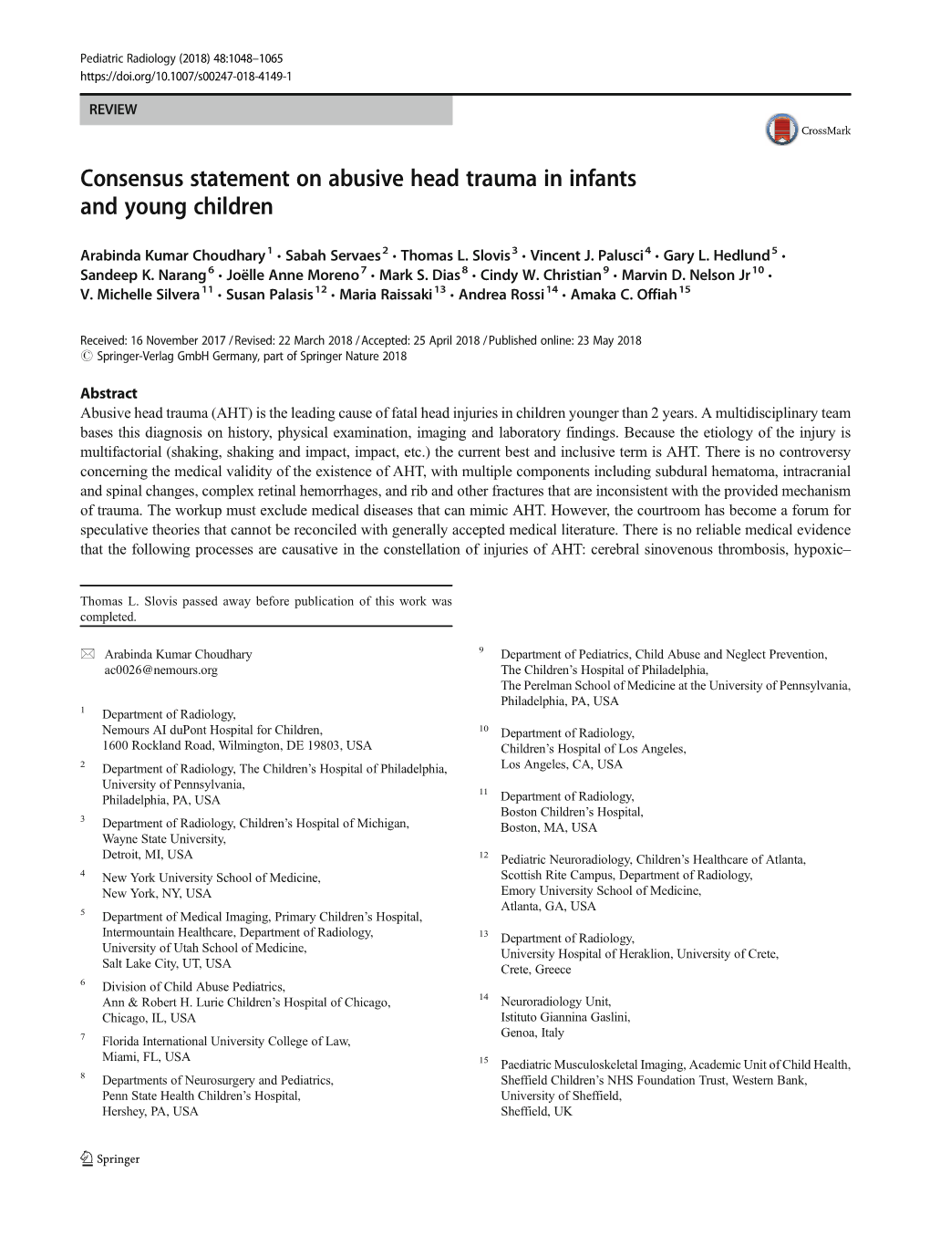 Consensus Statement on Abusive Head Trauma in Infants and Young Children, May 2018