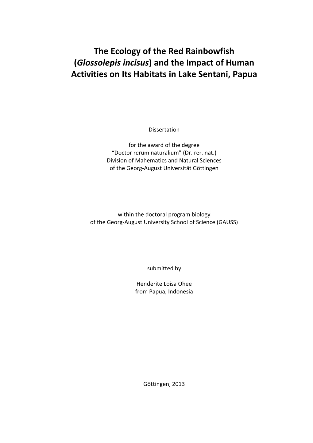 Glossolepis Incisus) and the Impact of Human Activities on Its Habitats in Lake Sentani, Papua