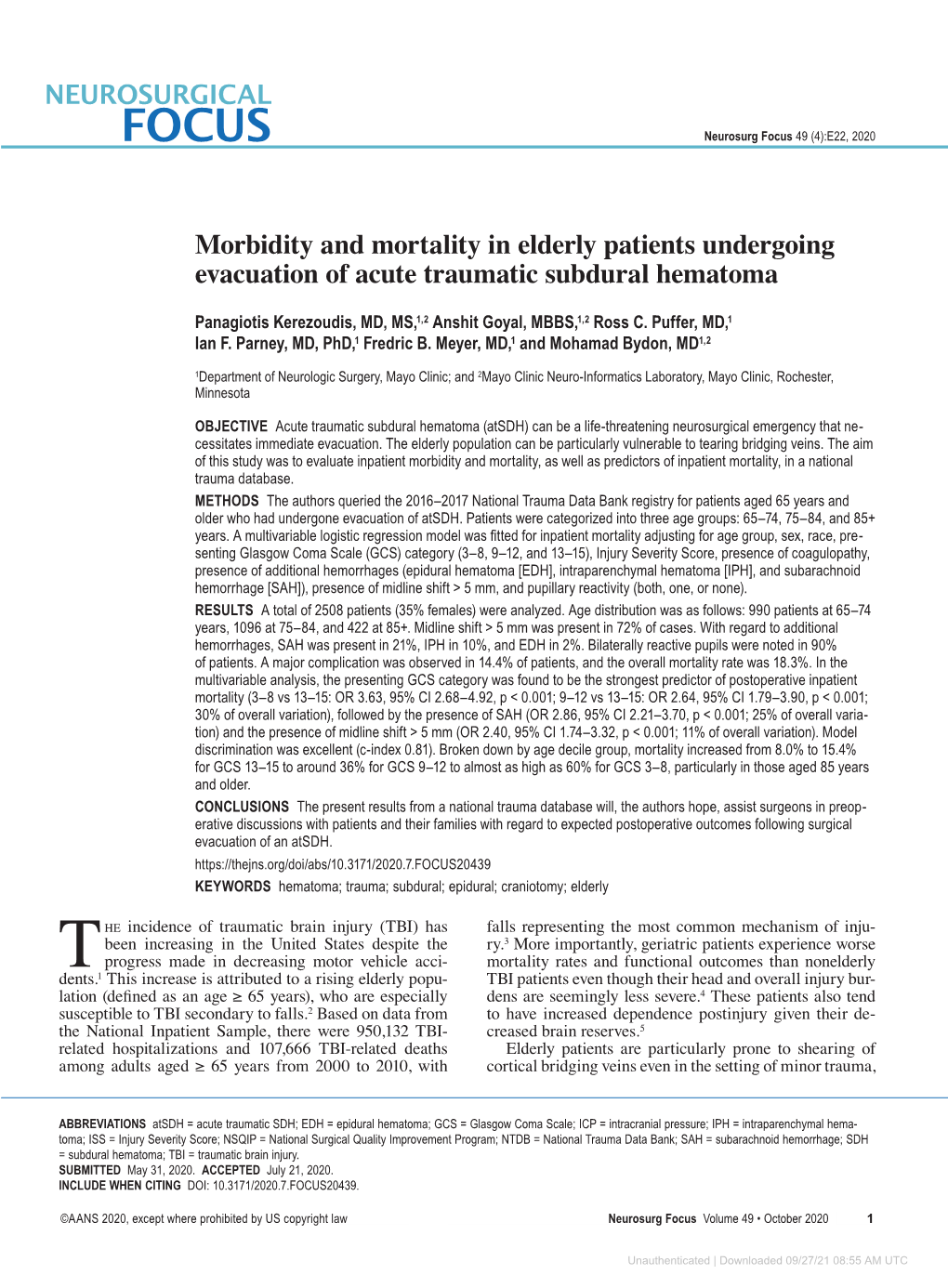 Morbidity and Mortality in Elderly Patients Undergoing Evacuation of Acute Traumatic Subdural Hematoma