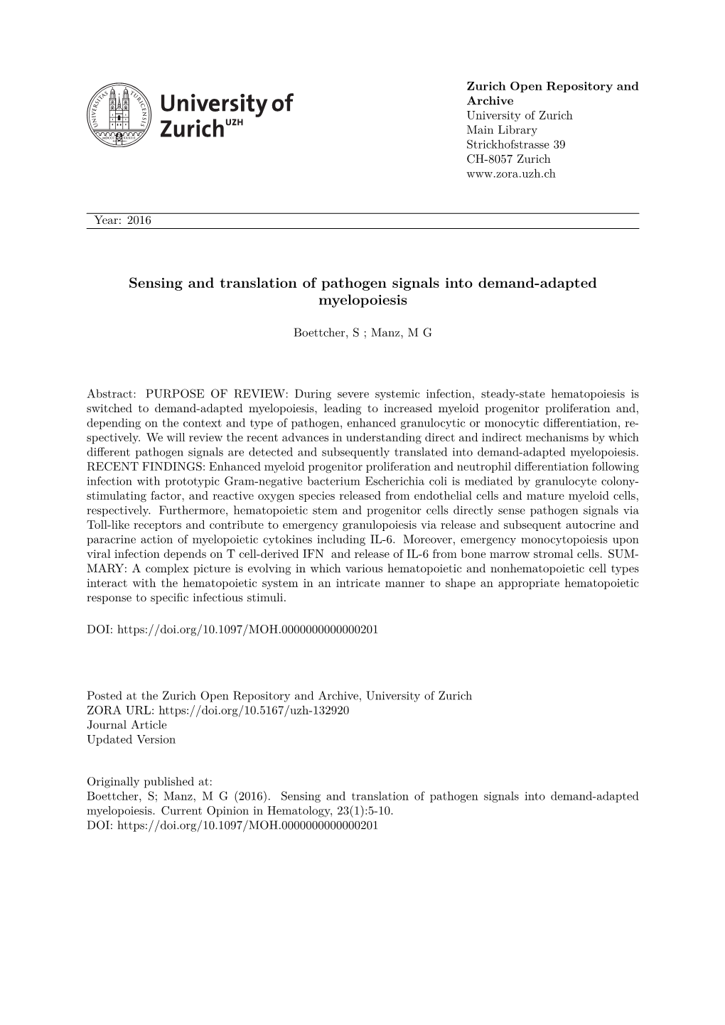 Sensing and Translation of Pathogen Signals Into Demand-Adapted Myelopoiesis