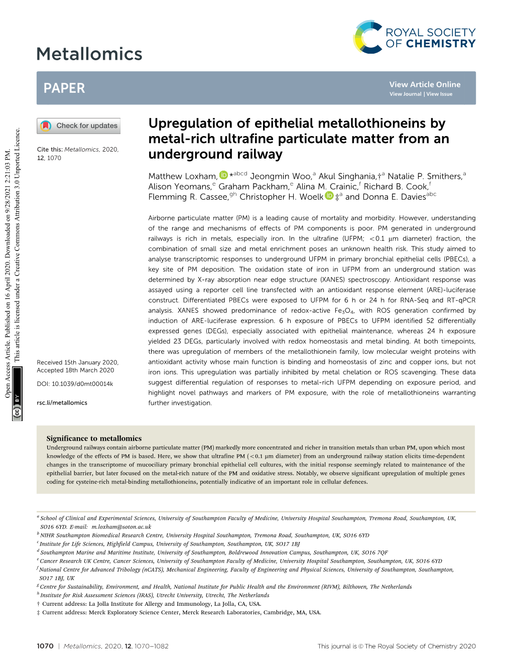 Upregulation of Epithelial Metallothioneins by Metal-Rich Ultrafine Particulate Matter from an Cite This: Metallomics, 2020, 12,1070 Underground Railway