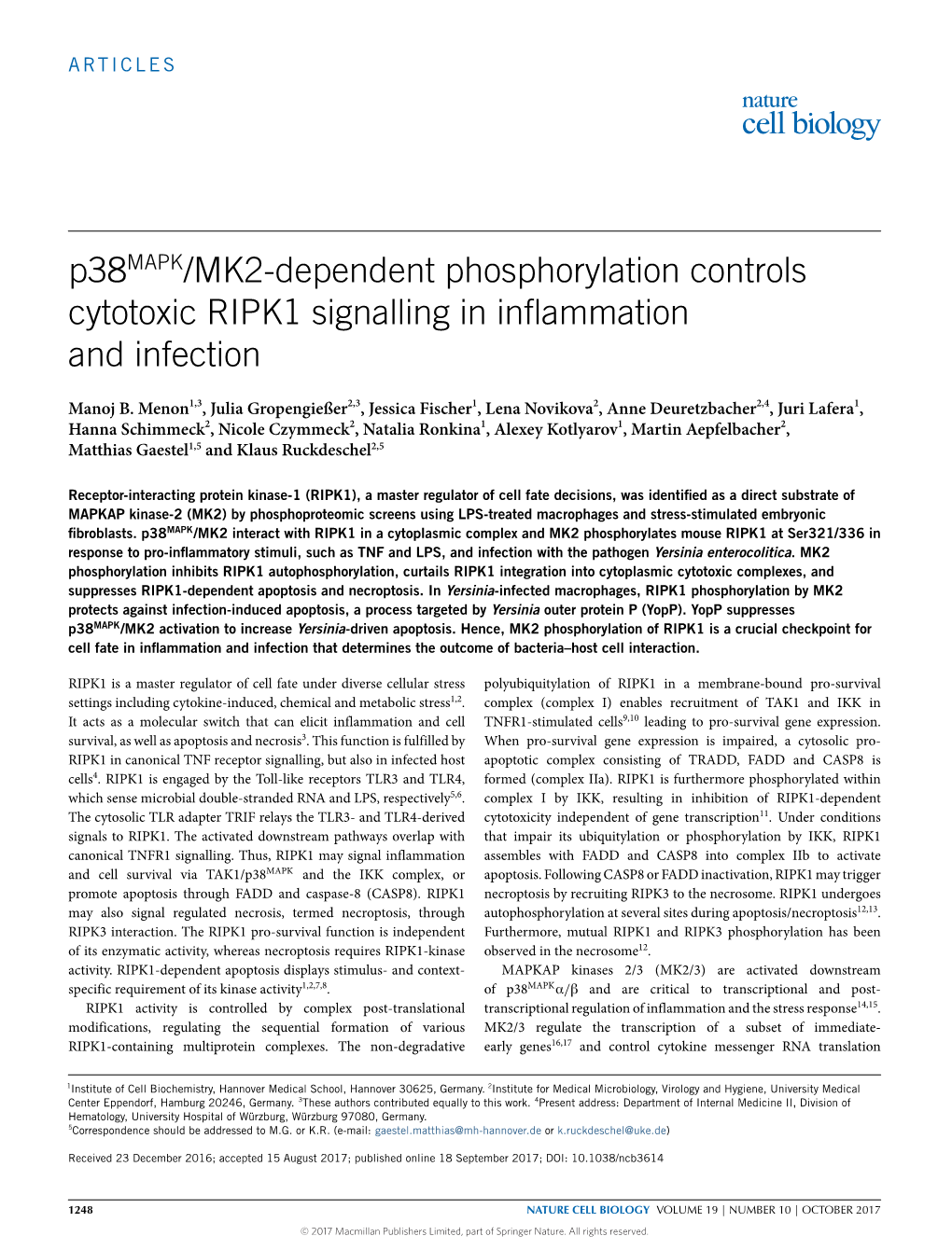 P38mapk/MK2-Dependent Phosphorylation Controls Cytotoxic RIPK1 Signalling in Inﬂammation and Infection