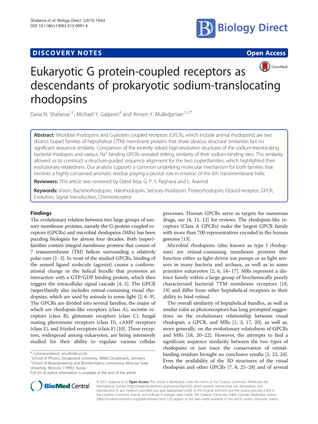 Eukaryotic G Protein-Coupled Receptors As Descendants of Prokaryotic Sodium-Translocating Rhodopsins Daria N