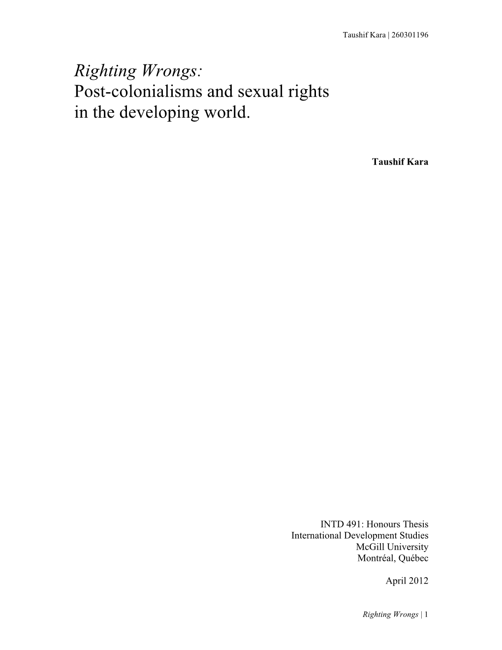 Post-Colonialisms and Sexual Rights in the Developing World