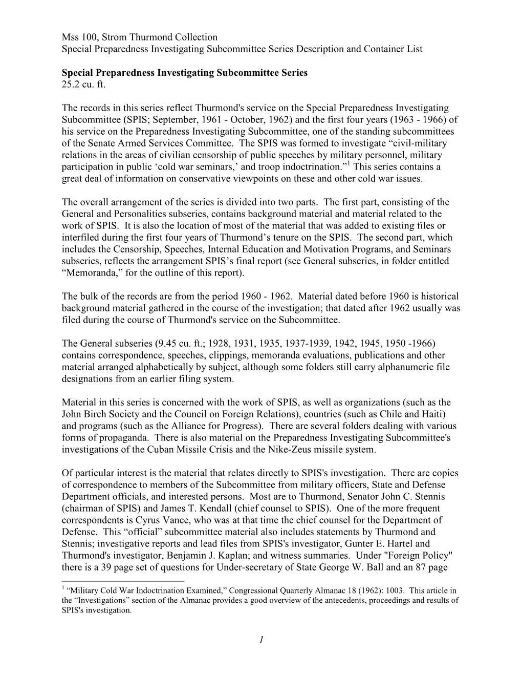 Mss 100, Strom Thurmond Collection Special Preparedness Investigating Subcommittee Series Description and Container List