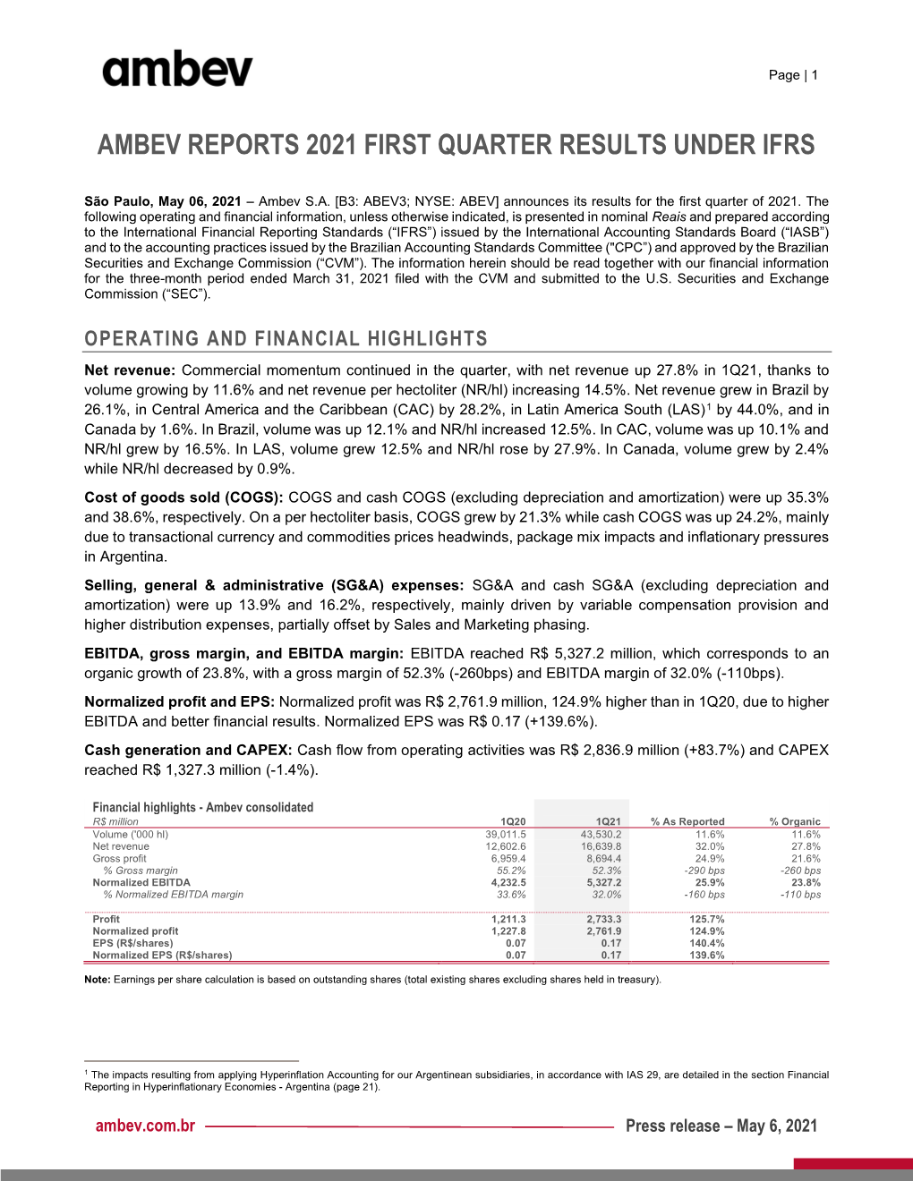 Ambev Reports 2021 First Quarter Results Under Ifrs