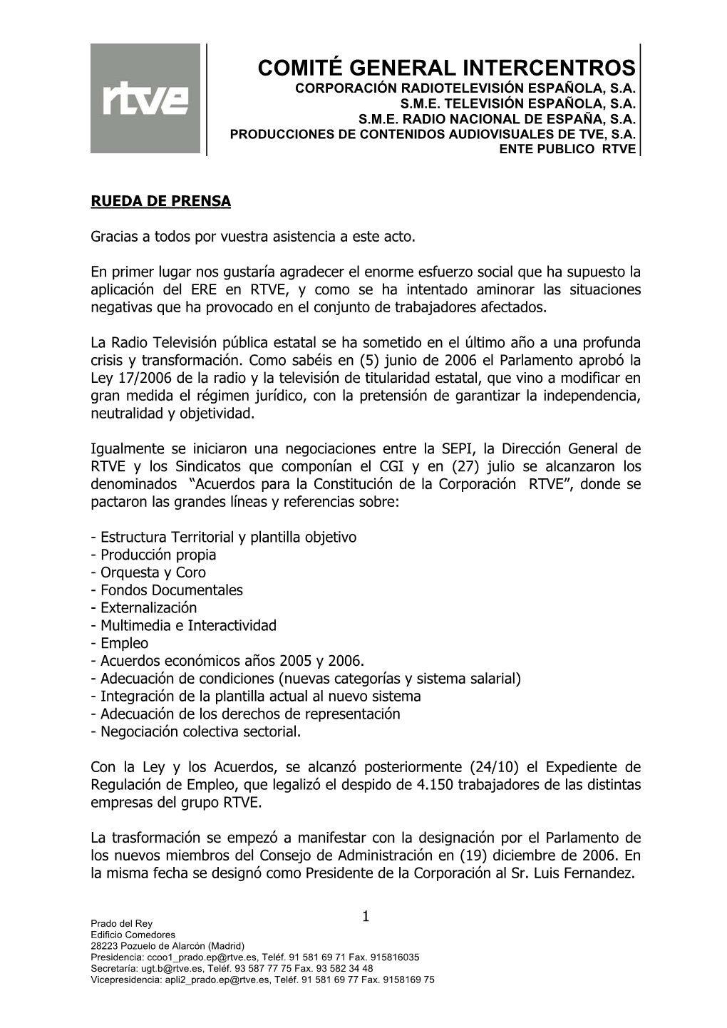 Comité General Intercentros Corporación Radiotelevisión Española, S.A