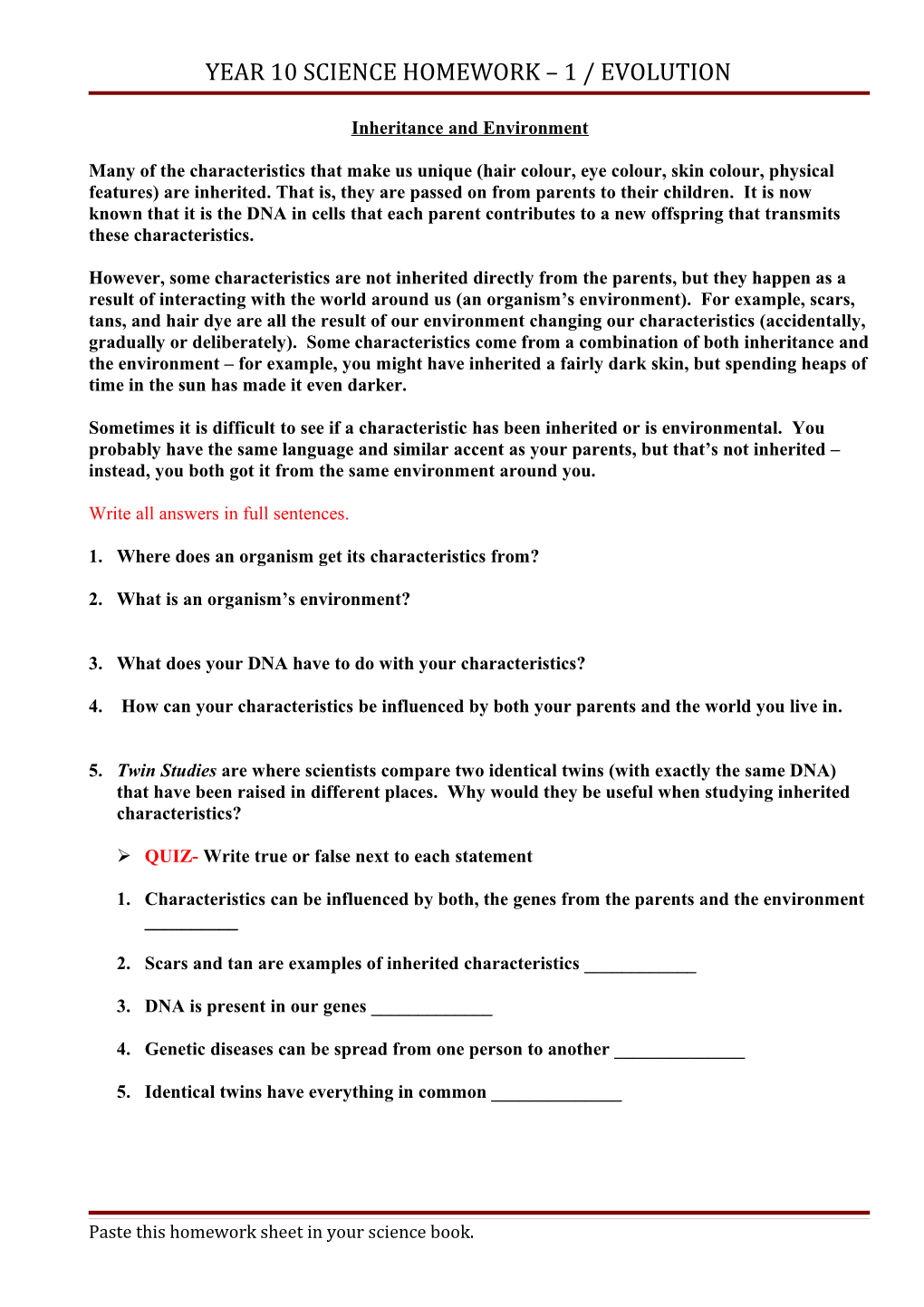 Year 10 Science Homework 1 EVOLUTION