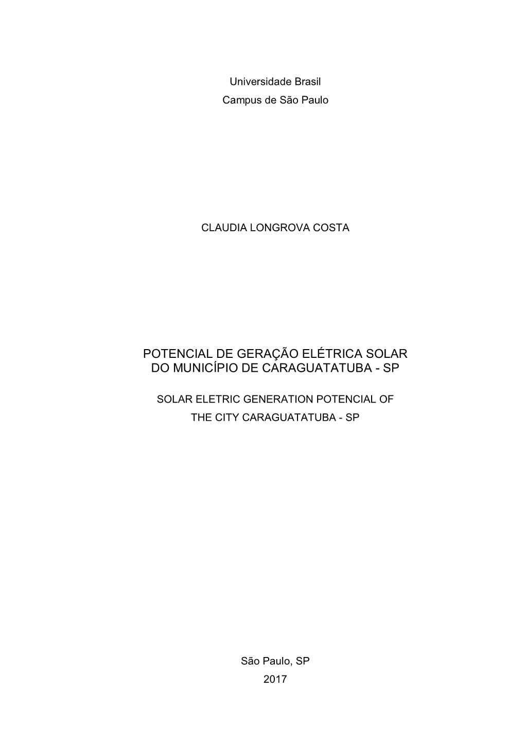 Potencial De Geração Elétrica Solar Do Município De Caraguatatuba - Sp