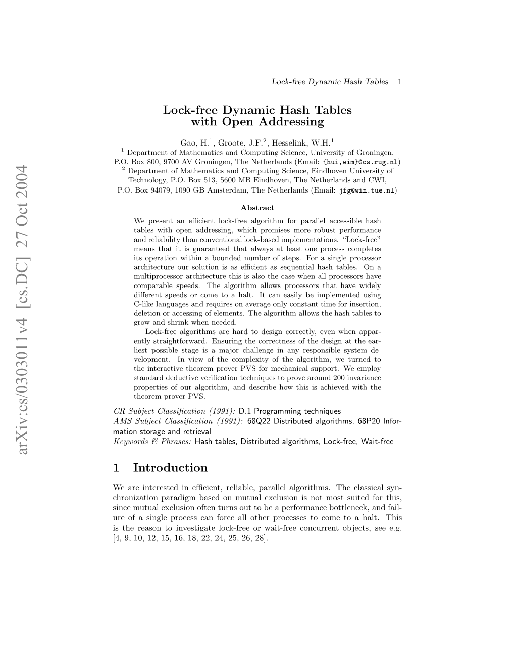 Arxiv:Cs/0303011V4 [Cs.DC] 27 Oct 2004 Rsbetcasﬁain(1991): Classiﬁcation Subject CR R Fasnl Rcs a Oc L Te Rcse Ocm Oah 28]