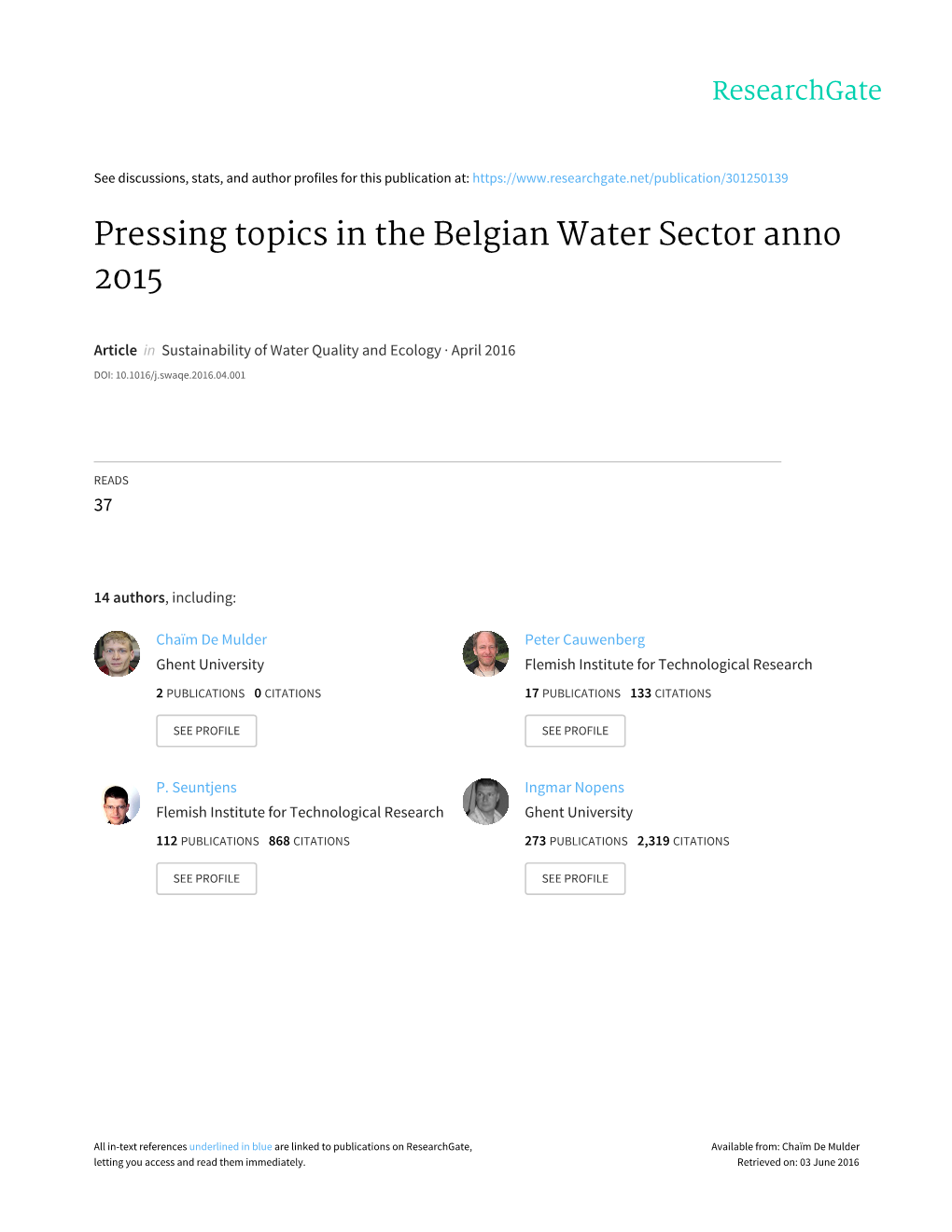 Pressing Topics in the Belgian Water Sector Anno 2015