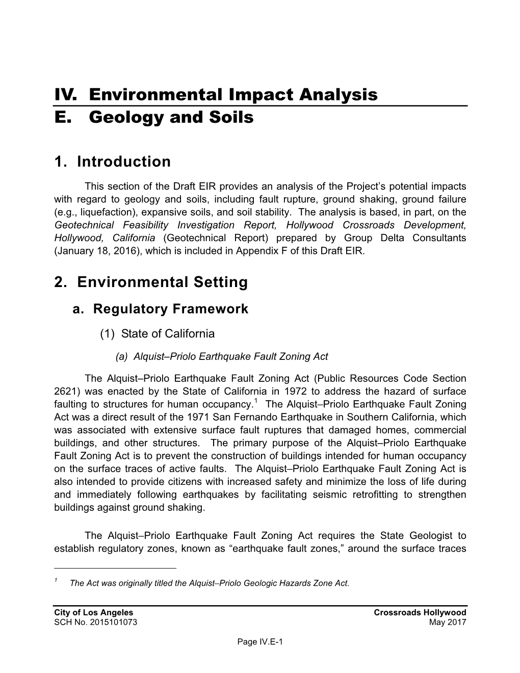 IV. Environmental Impact Analysis E. Geology and Soils