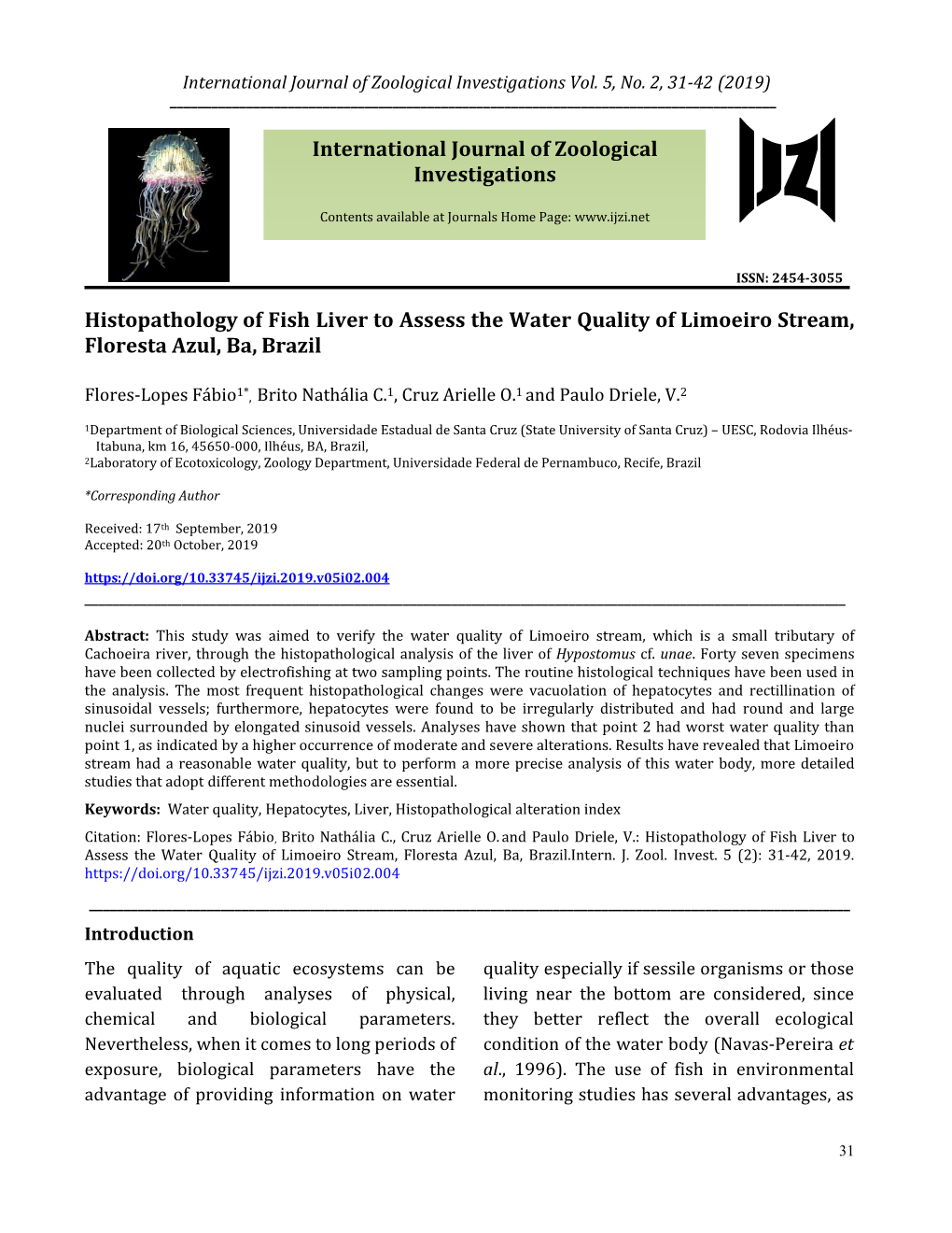 Histopathology of Fish Liver to Assess the Water Quality of Limoeiro Stream, Floresta Azul, Ba, Brazil