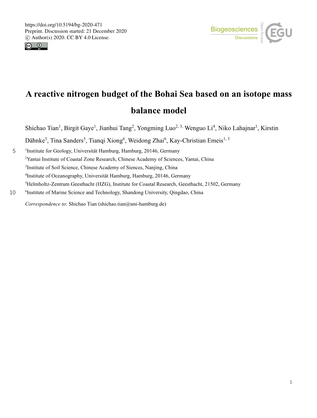 A Reactive Nitrogen Budget of the Bohai Sea Based on an Isotope Mass Balance Model