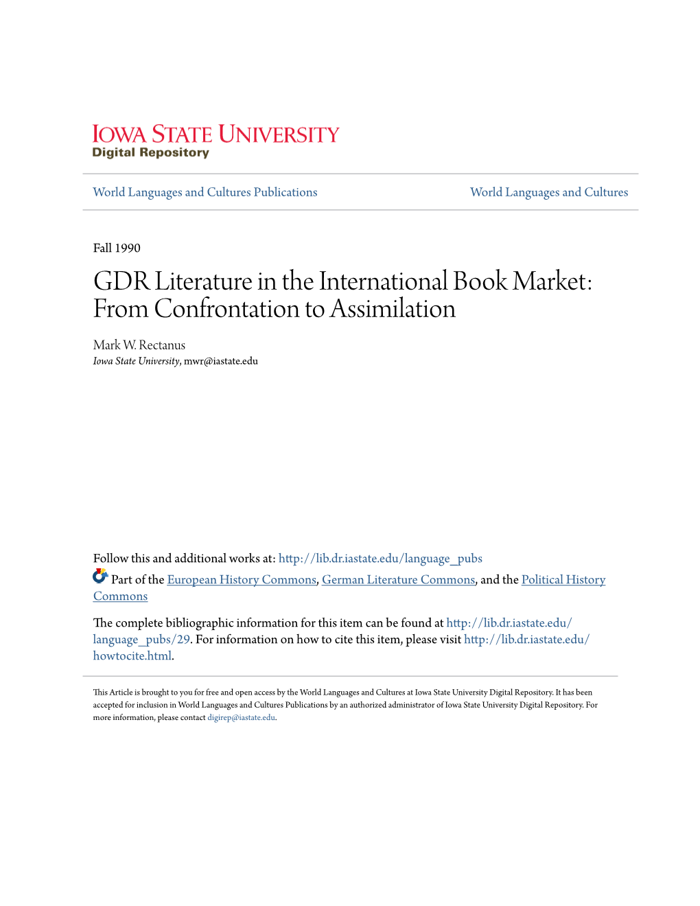 GDR Literature in the International Book Market: from Confrontation to Assimilation Mark W