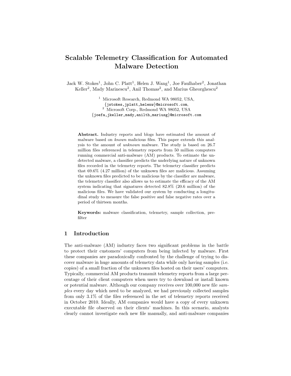Scalable Telemetry Classification for Automated Malware Detection