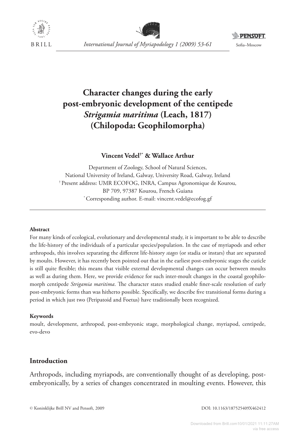 Character Changes During the Early Post-Embryonic Development of Strigamia Maritima 53