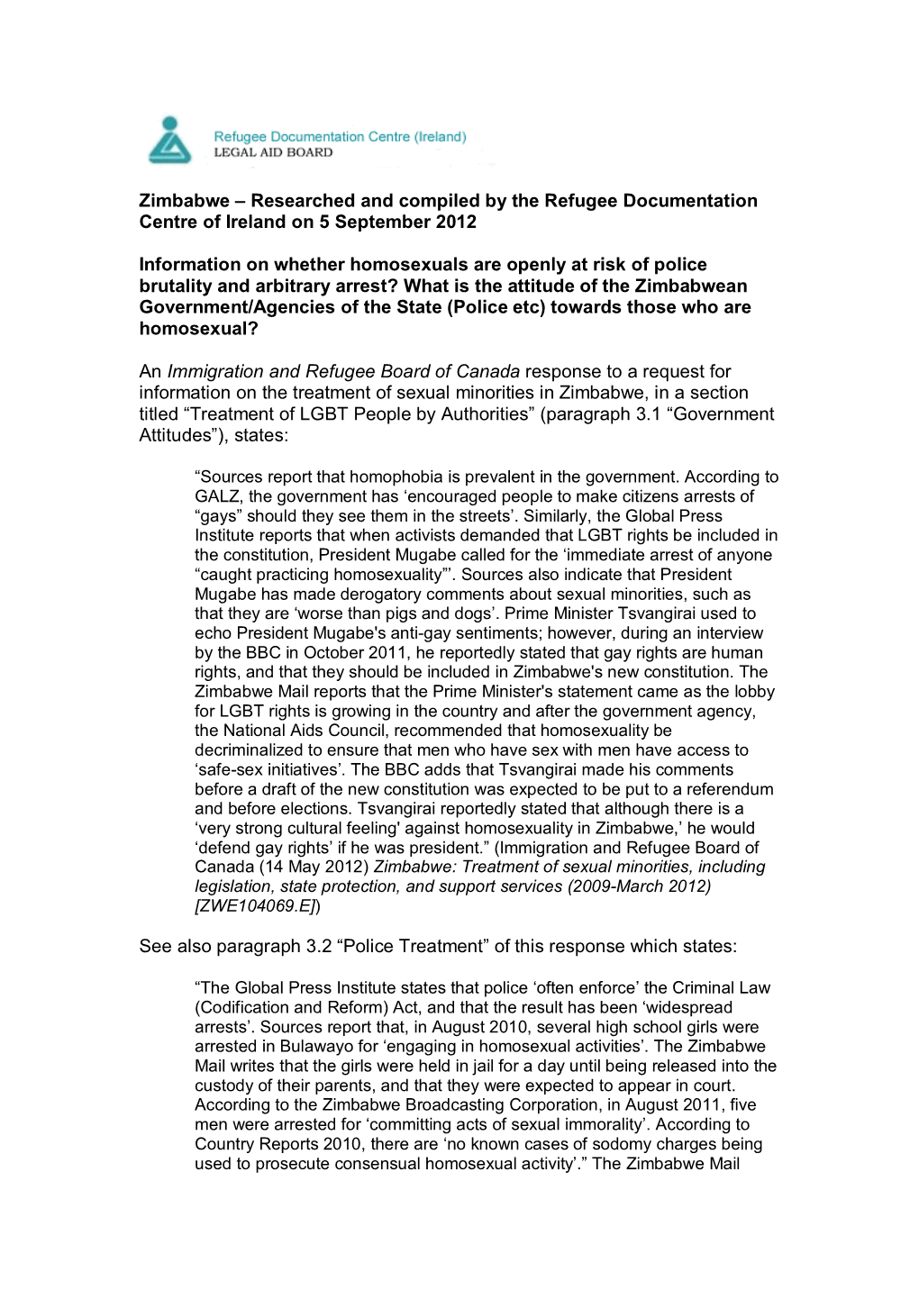 Zimbabwe – Researched and Compiled by the Refugee Documentation Centre of Ireland on 5 September 2012