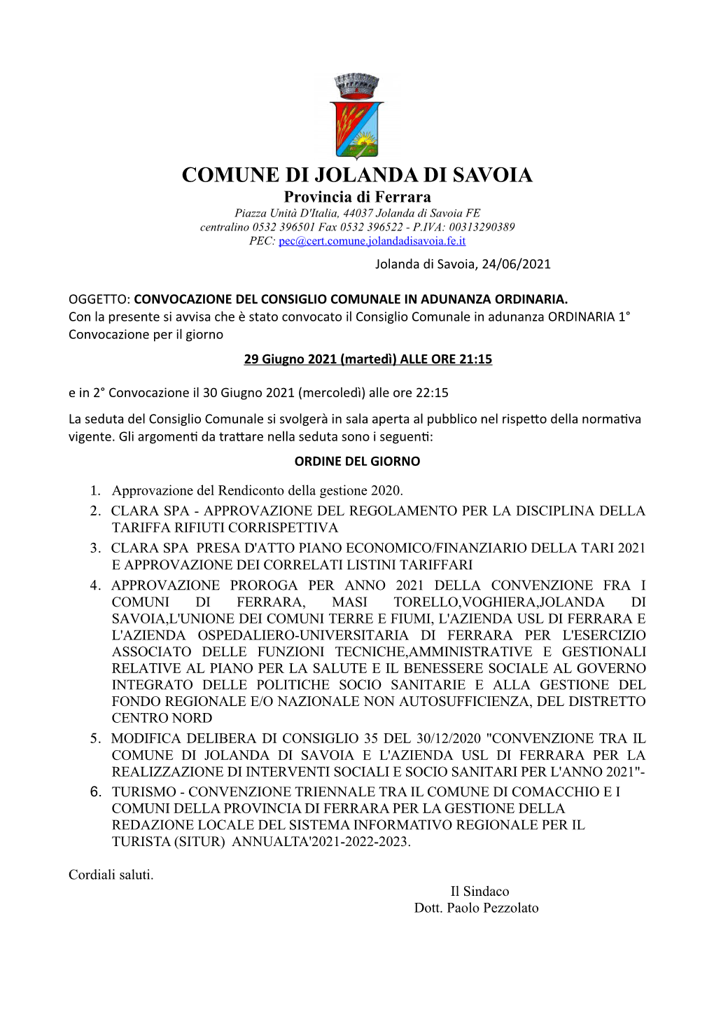 Convocazione Cc 29 Giugno 2021