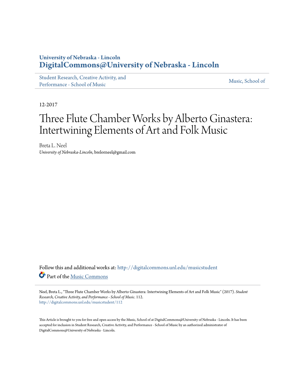 Three Flute Chamber Works by Alberto Ginastera: Intertwining Elements of Art and Folk Music Breta L