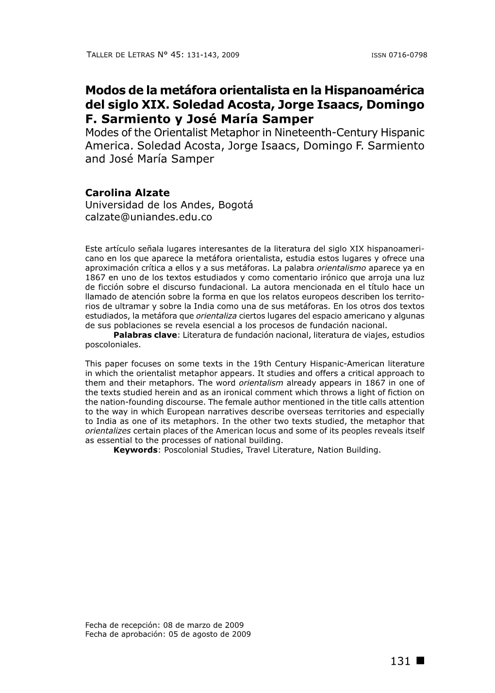 Modos De La Metáfora Orientalista En La Hispanoamérica Del Siglo XIX. Soledad Acosta, Jorge Isaacs, Domingo F. Sarmiento Y