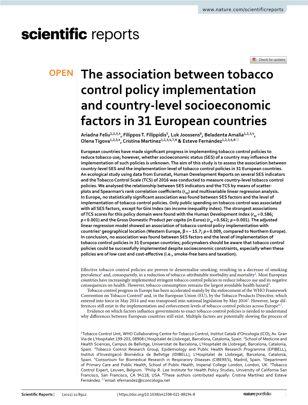 The Association Between Tobacco Control Policy Implementation and Country‑Level Socioeconomic Factors in 31 European Countries Ariadna Feliu1,2,3,4, Filippos T