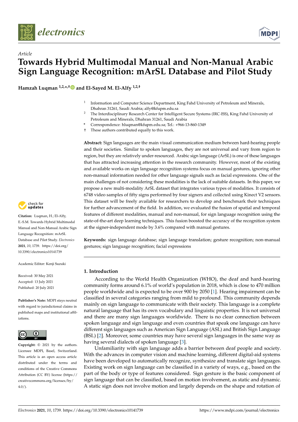 Towards Hybrid Multimodal Manual and Non-Manual Arabic Sign Language Recognition: Marsl Database and Pilot Study