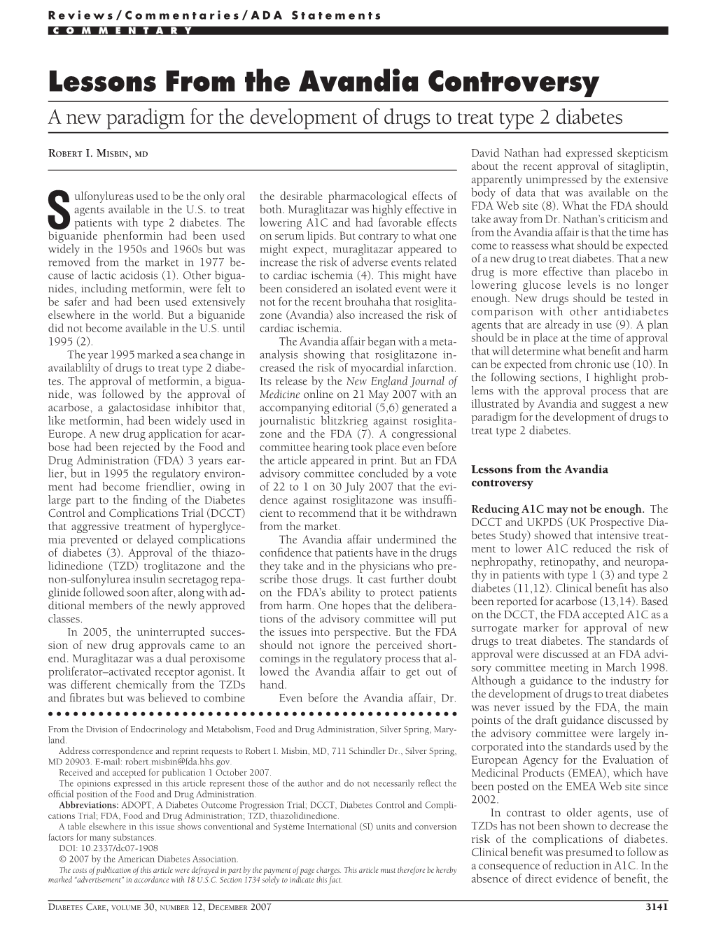 Lessons from the Avandia Controversy a New Paradigm for the Development of Drugs to Treat Type 2 Diabetes