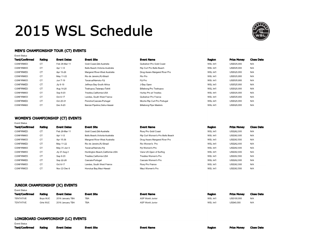 2015 WSL Schedule