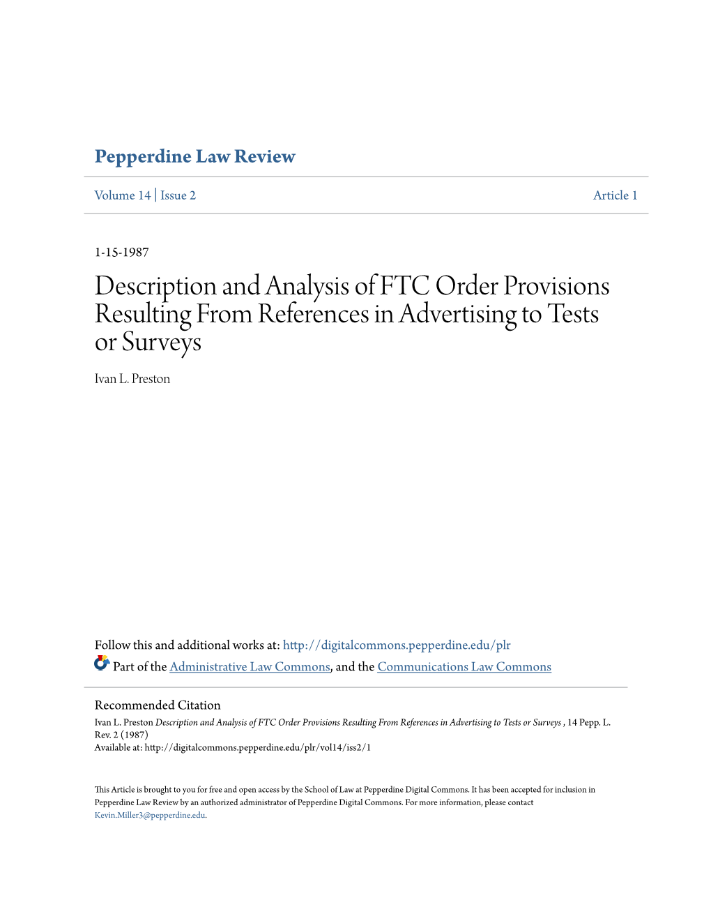 FTC Order Provisions Resulting from References in Advertising to Tests Or Surveys Ivan L