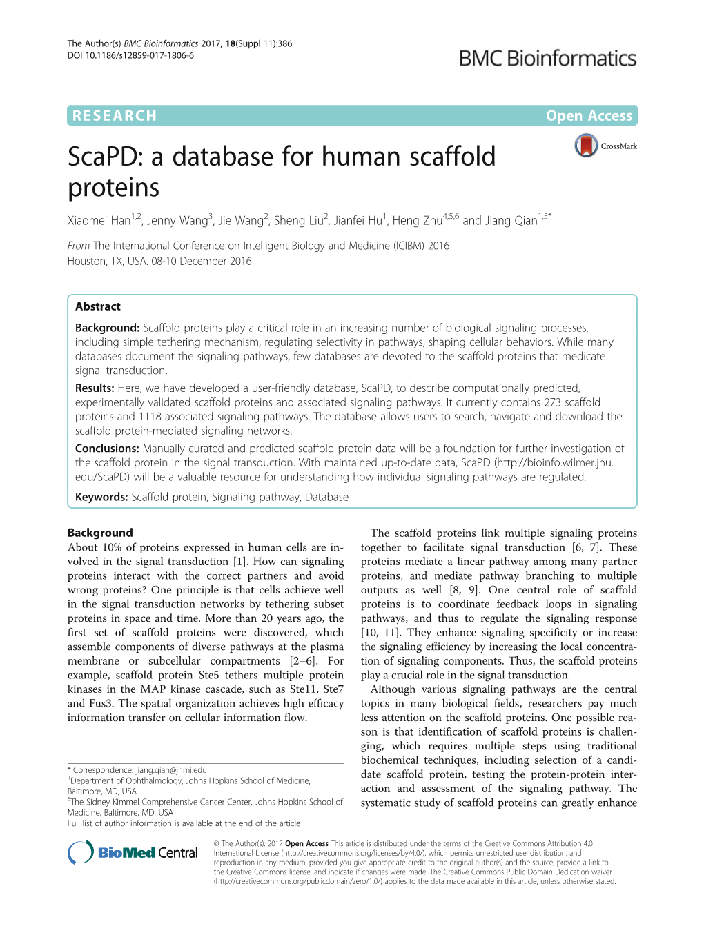 Scapd: a Database for Human Scaffold Proteins Xiaomei Han1,2, Jenny Wang3, Jie Wang2, Sheng Liu2, Jianfei Hu1, Heng Zhu4,5,6 and Jiang Qian1,5*
