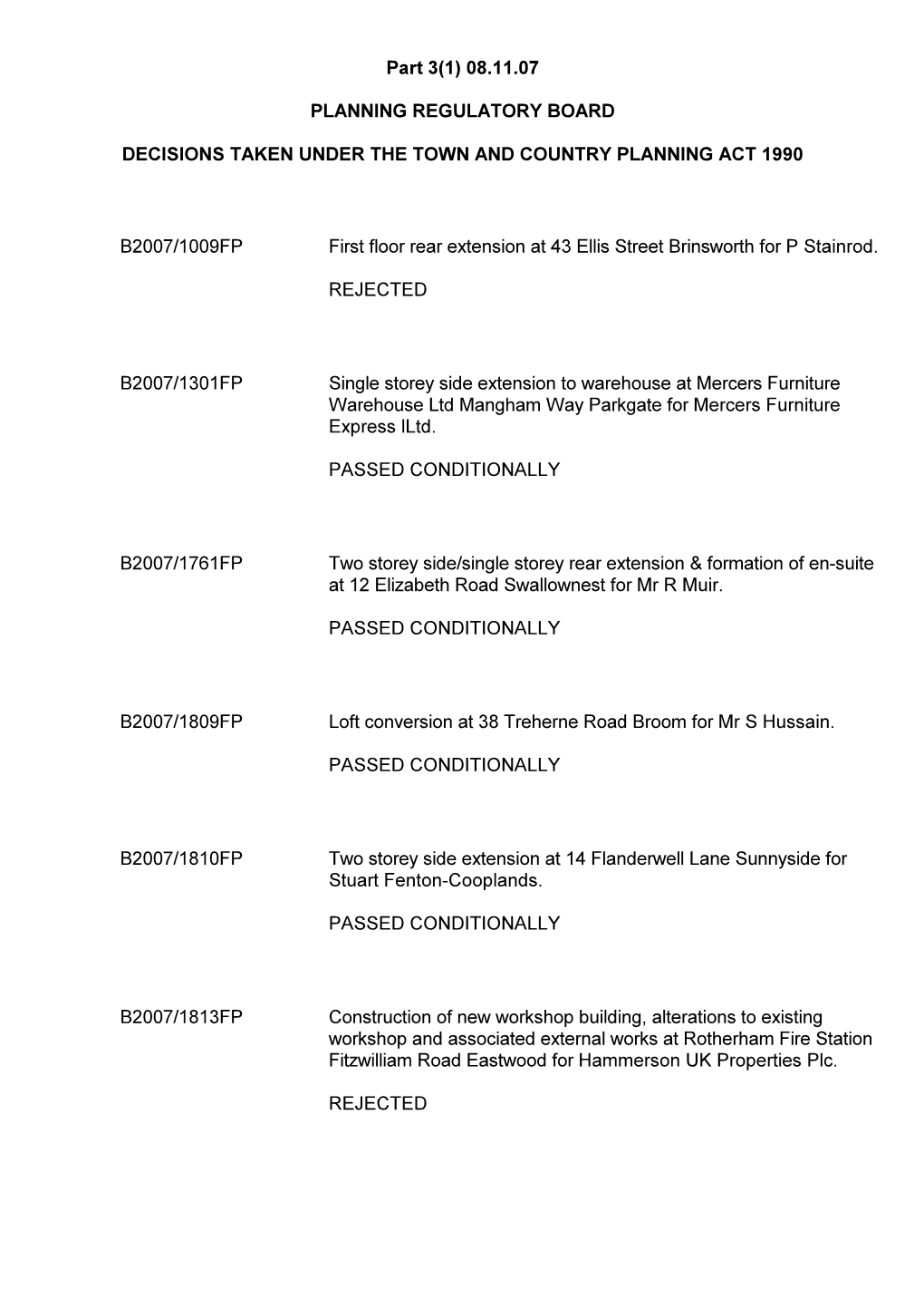 Part 3(1) 08.11.07 PLANNING REGULATORY BOARD DECISIONS TAKEN UNDER the TOWN and COUNTRY PLANNING ACT 1990 B2007/1009FP First