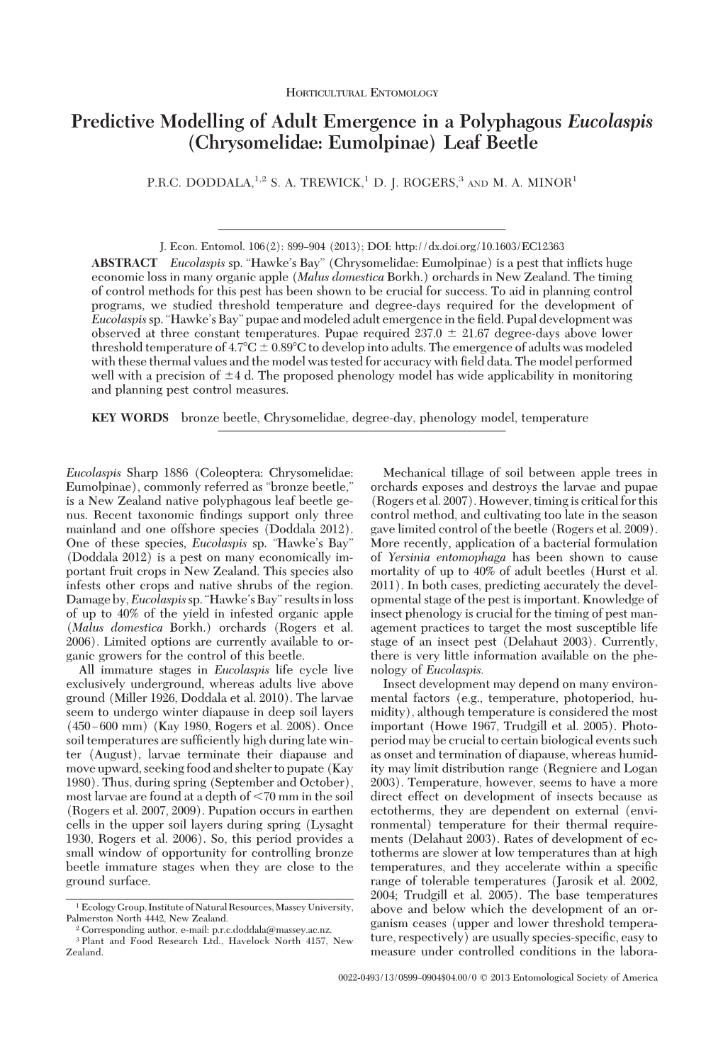 Predictive Modelling of Adult Emergence in a Polyphagous Eucolaspis (Chrysomelidae: Eumolpinae) Leaf Beetle