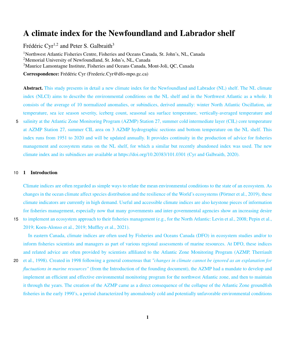 A Climate Index for the Newfoundland and Labrador Shelf Frédéric Cyr1,2 and Peter S