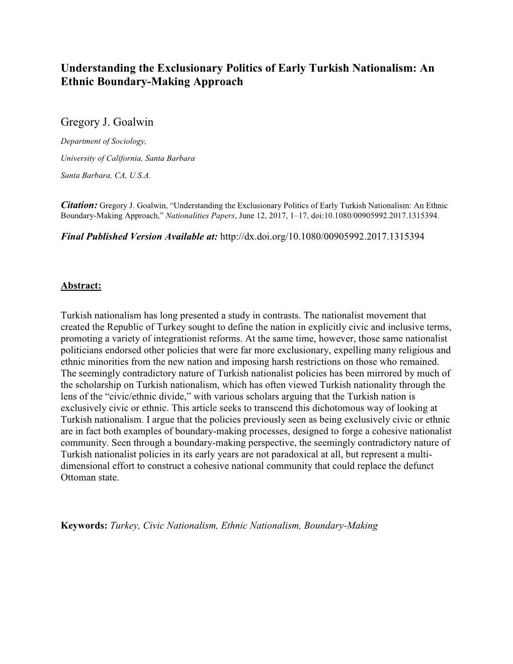 Understanding the Exclusionary Politics of Early Turkish Nationalism: an Ethnic Boundary-Making Approach