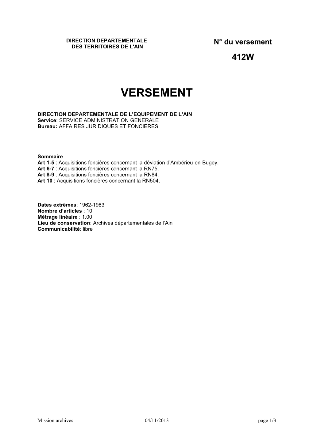 DDE Ain : Acquisitions Foncières Concernant Les Routes Nationales, 1962-1983