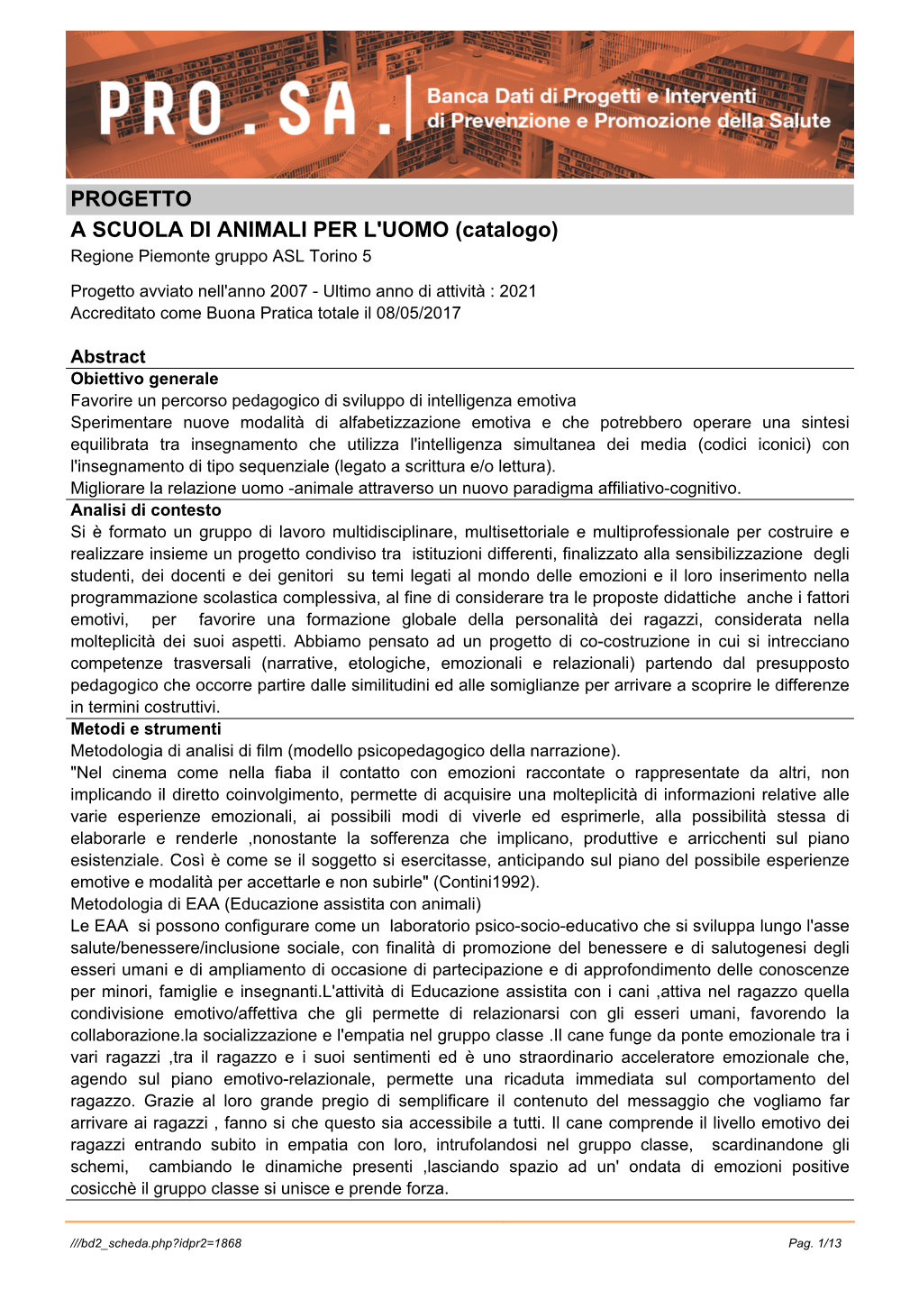 PROGETTO a SCUOLA DI ANIMALI PER L'uomo (Catalogo) Regione Piemonte Gruppo ASL Torino 5