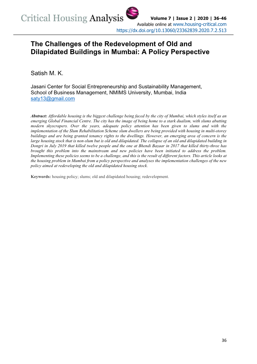 The Challenges of the Redevelopment of Old and Dilapidated Buildings in Mumbai: a Policy Perspective