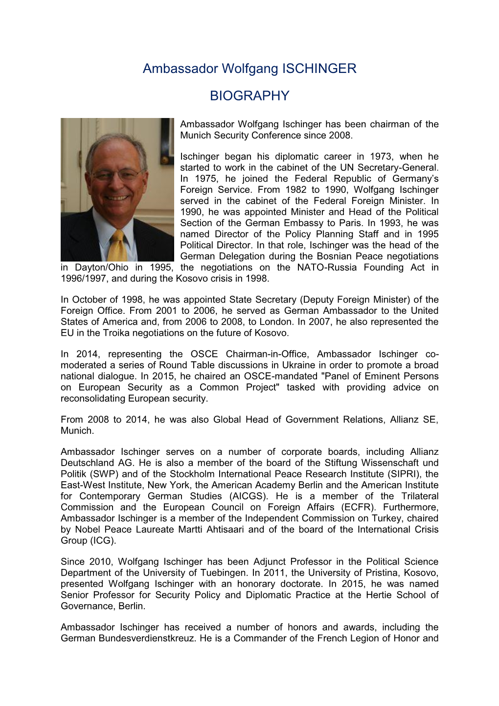 Ambassador Wolfgang ISCHINGER BIOGRAPHY