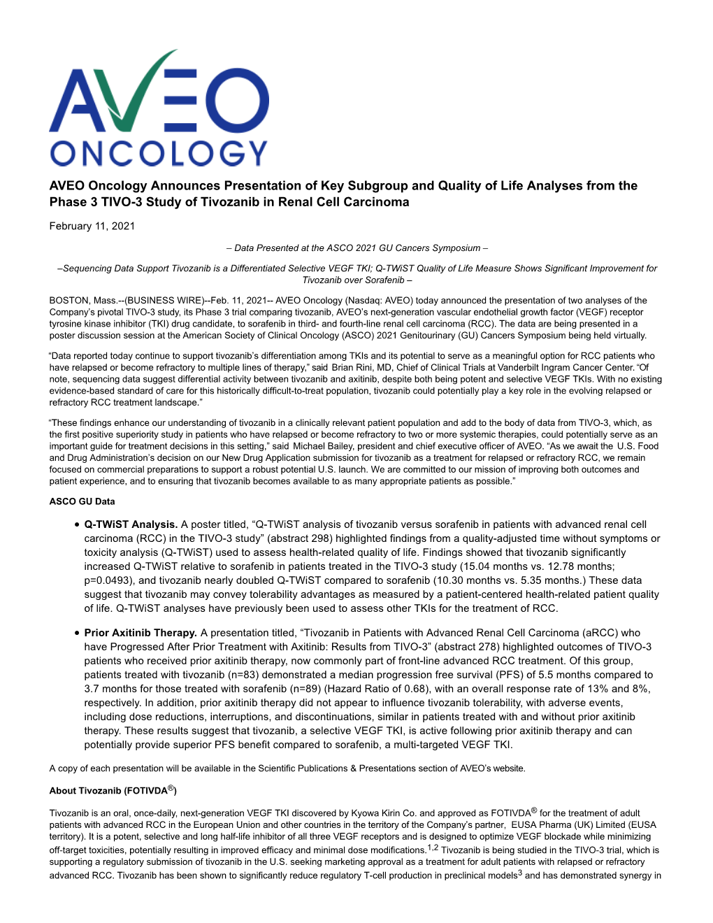 AVEO Oncology Announces Presentation of Key Subgroup and Quality of Life Analyses from the Phase 3 TIVO-3 Study of Tivozanib in Renal Cell Carcinoma