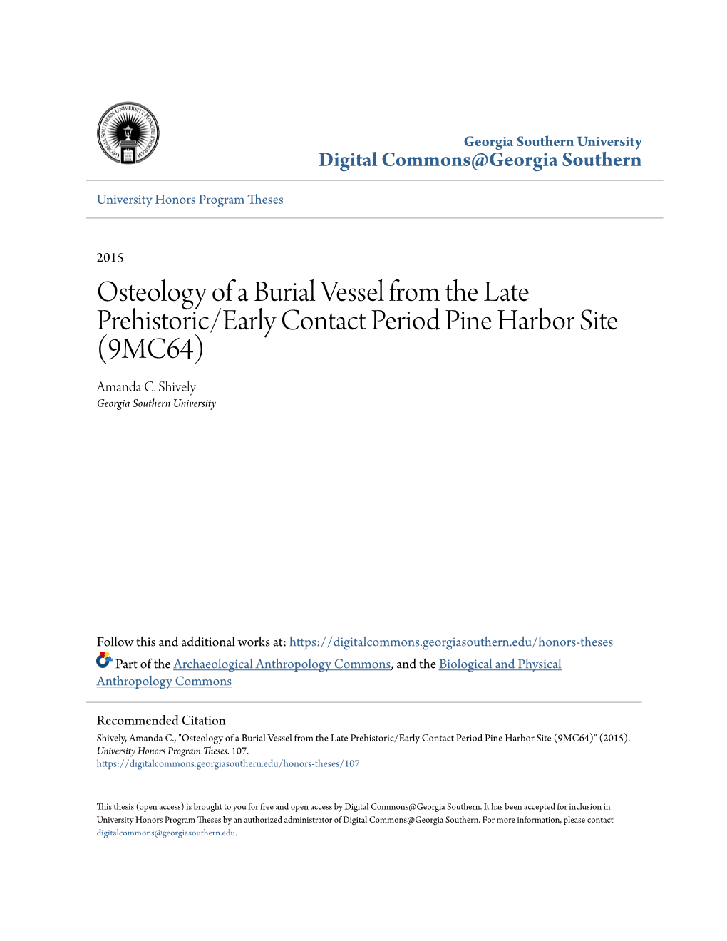 Osteology of a Burial Vessel from the Late Prehistoric/Early Contact Period Pine Harbor Site (9MC64) Amanda C