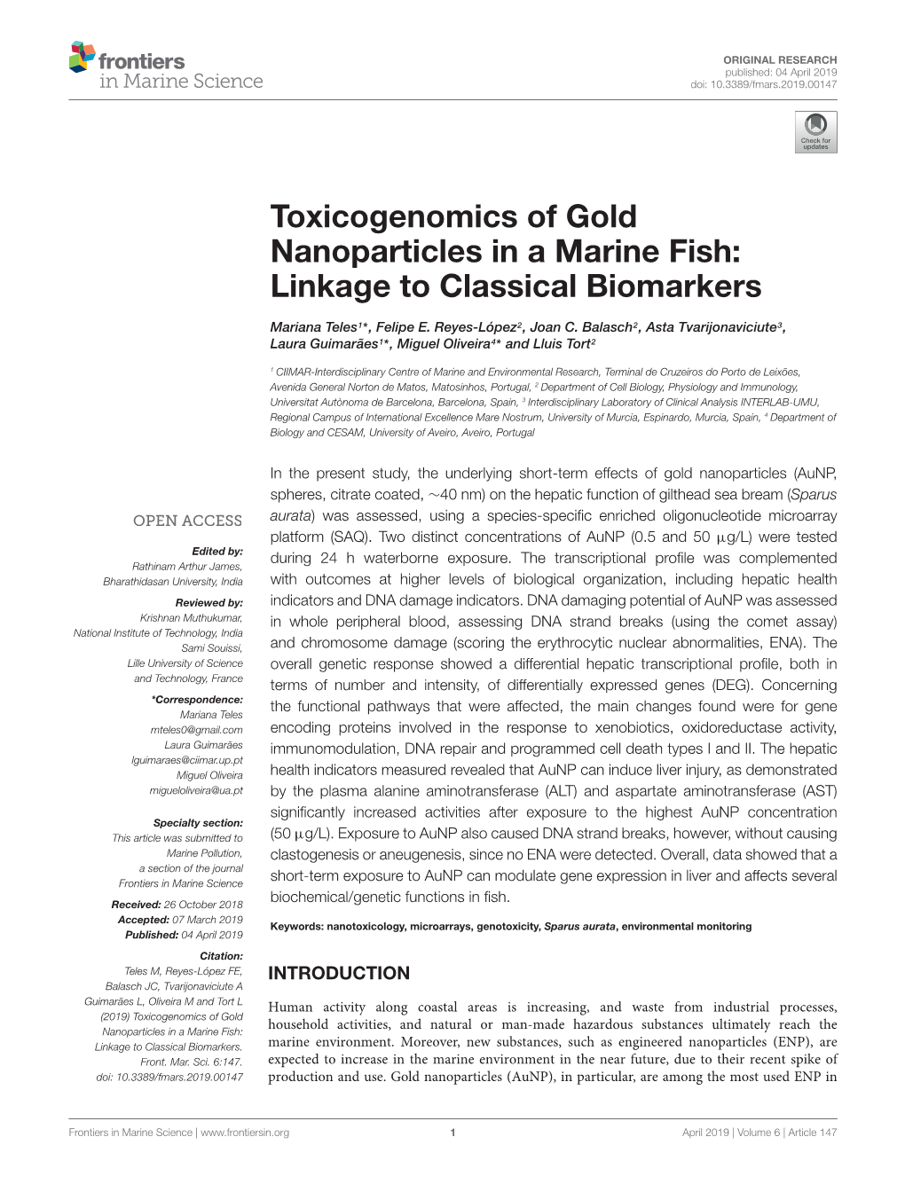 Toxicogenomics of Gold Nanoparticles in a Marine Fish: Linkage to Classical Biomarkers