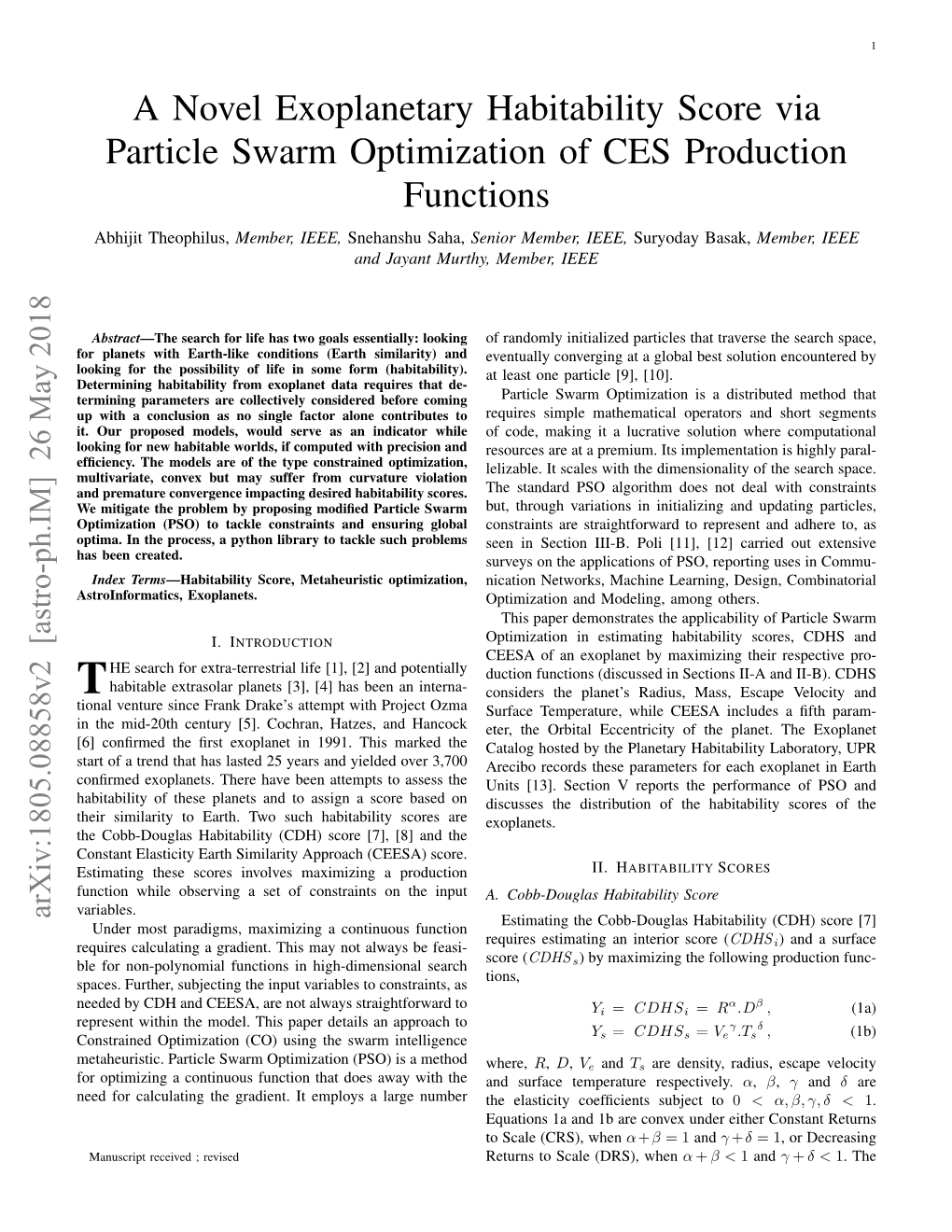 A Novel Exoplanetary Habitability Score Via Particle Swarm