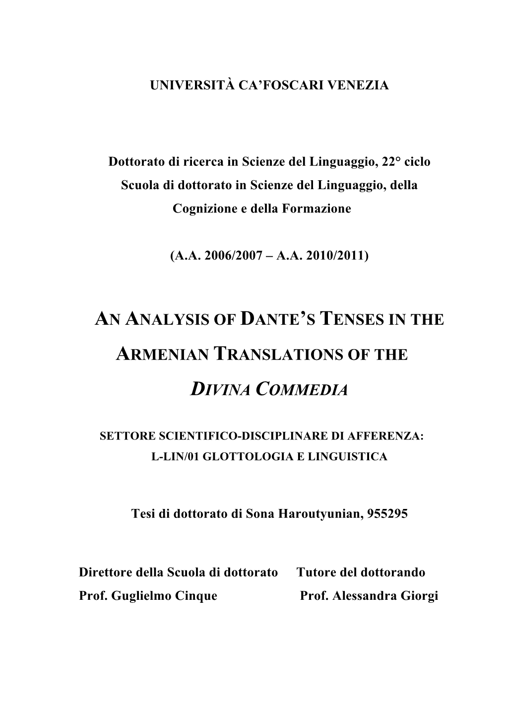 An Analysis of Dante's Tenses in the Armenian
